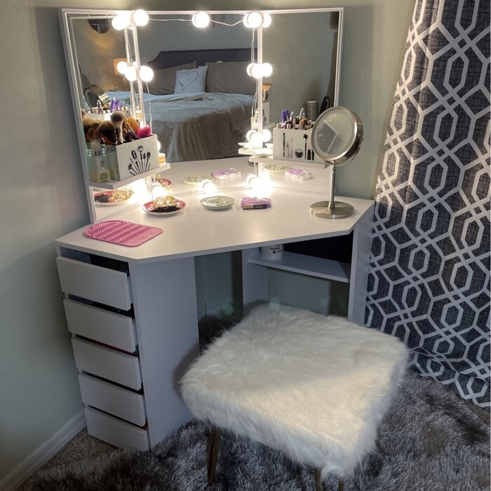 Jaylianie Corner Makeup Vanity Desk with Mirror | Foter