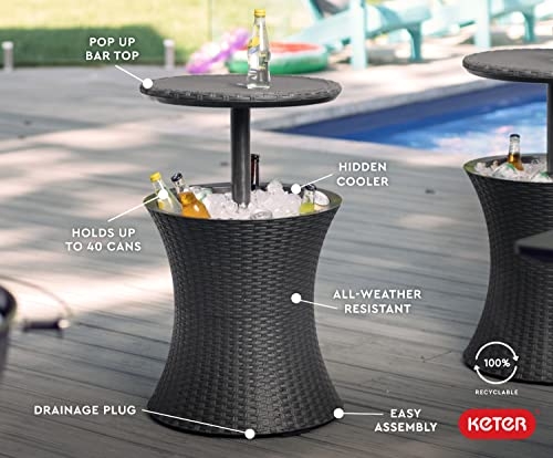 Keter Outdoor Patio Furniture and Hot Tub Side Table with 7.5 Gallon Beer and Wine Cooler, Grey