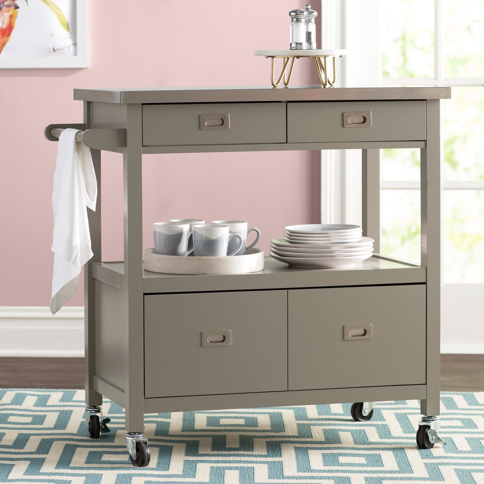 Kitchen cart with stainless steel top