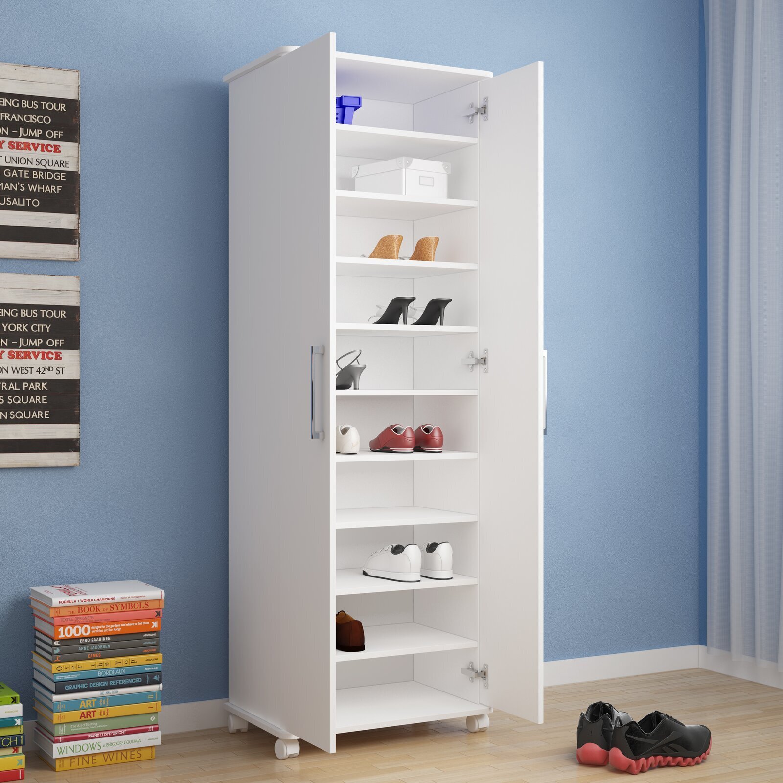 Large, Slim White Cabinet With Ten Shelves 