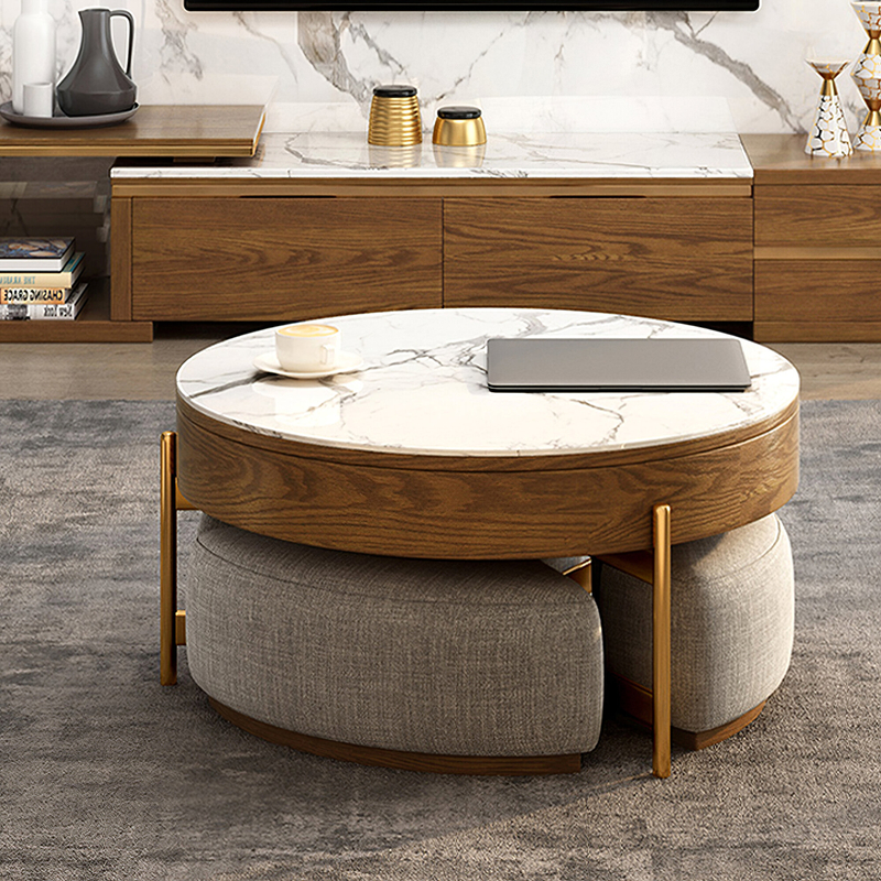 round coffee table with stools underneath