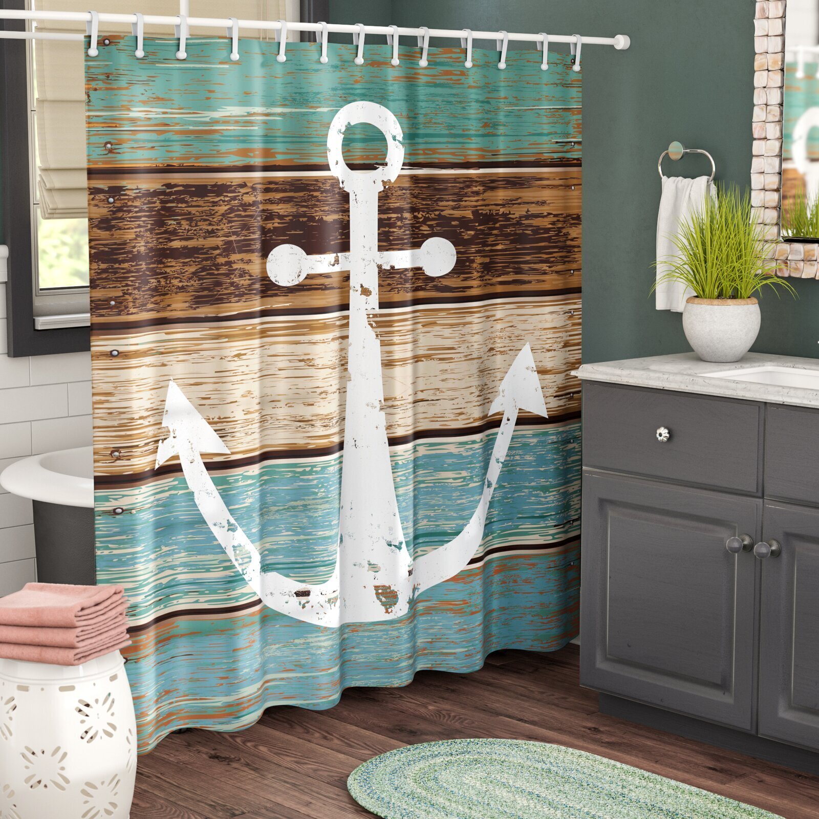 Light Blue and Brown Shower Curtain With Wide Stripes