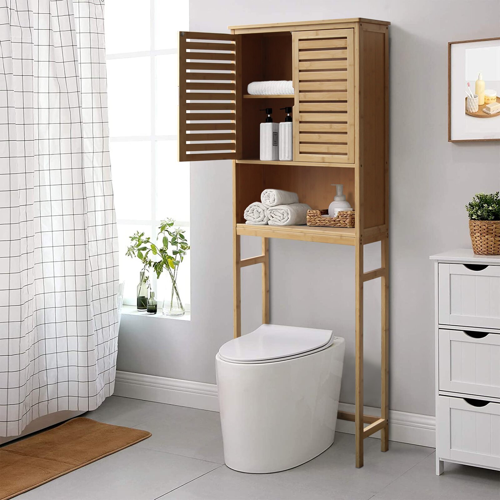 Louvered Doors Over The Toilet Storage Cabinet