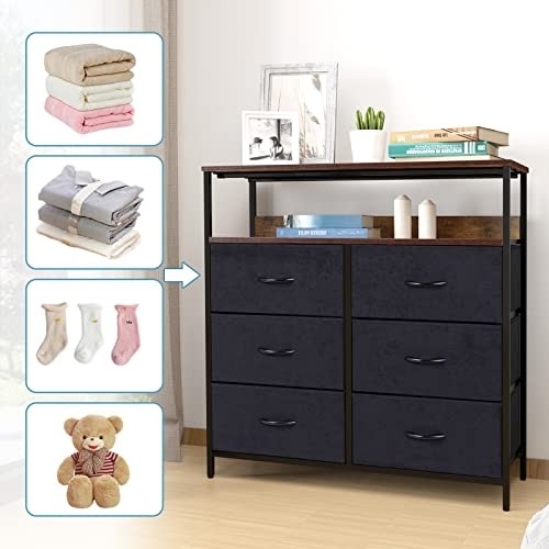 LYNCOHOME 6 Drawers Dresser with Shelves - Dresser for Bedroom, Fabric Storage , chest of drawers, dresser drawer organizers, storage drawers, black dresser for bedroom, Fabric Drawers(Rustic Brown)