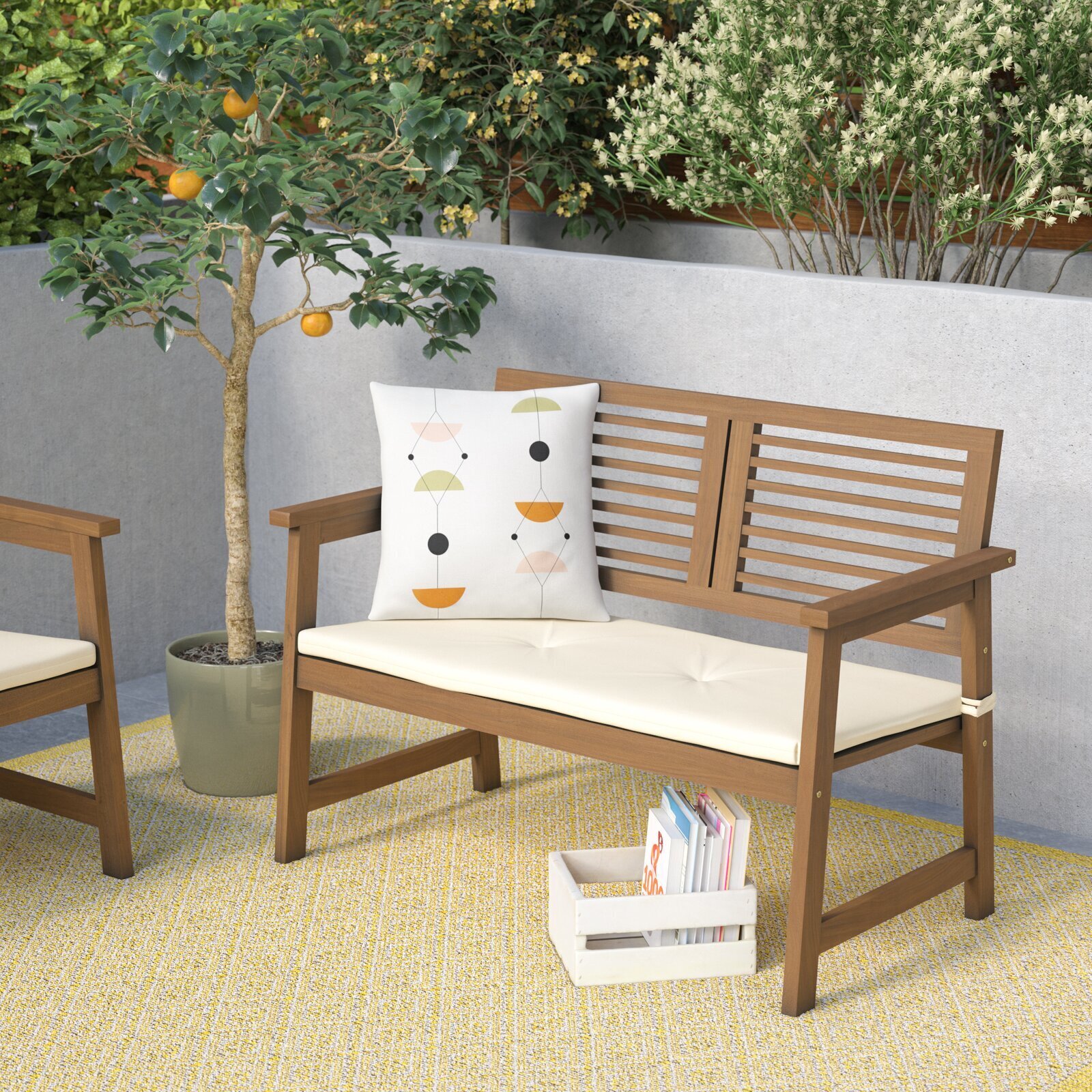 Mediterranean Style Wooden Bench With Cream Seat 