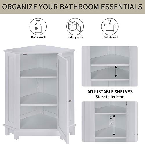 Merax White Corner Cabinet Bathroom Floor Storage with Adjustable Shelves for Kitchen, Living Room