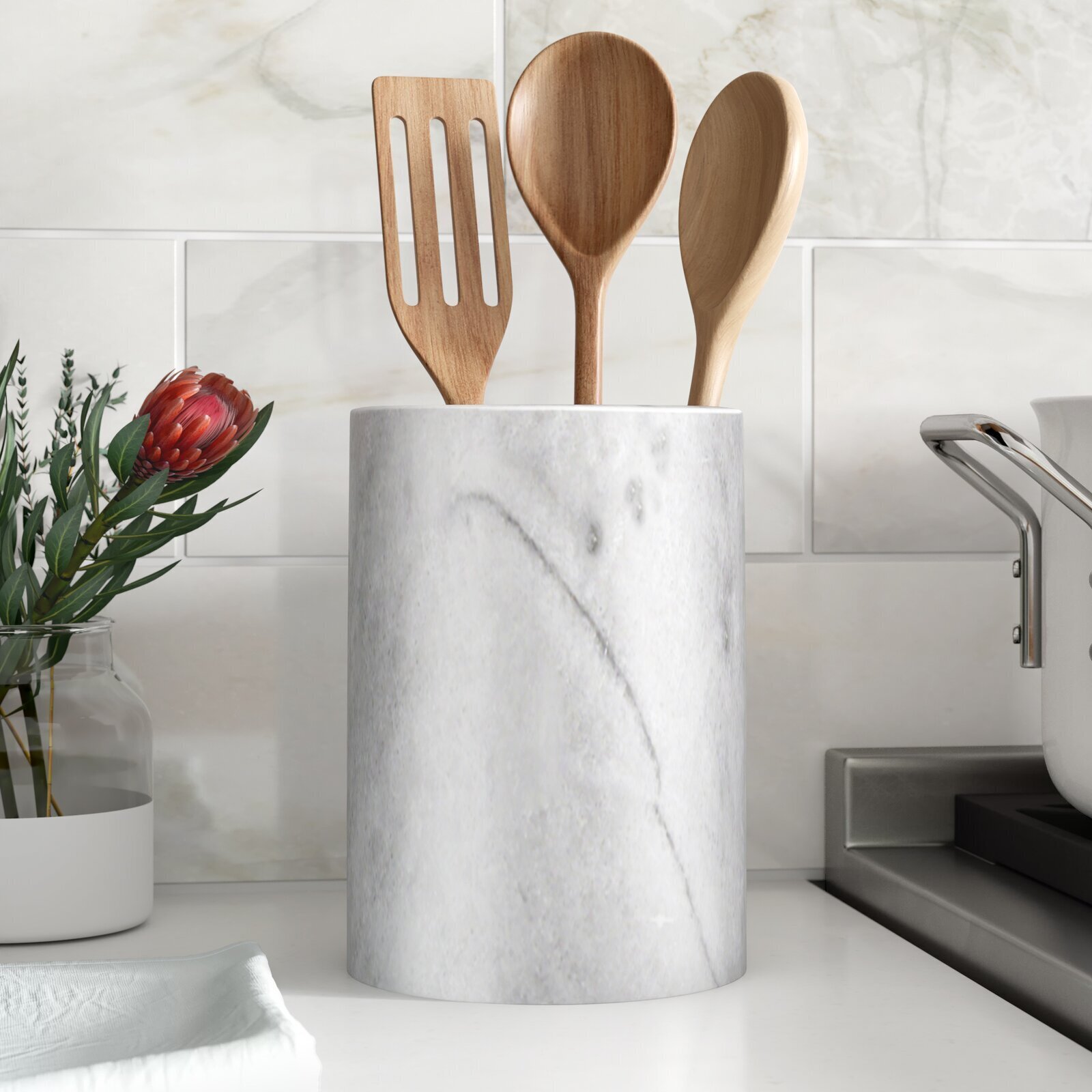 Home Basics Kitchen Made with Love Ceramic Utensil Flatware Storage Organizer Crock Grey 