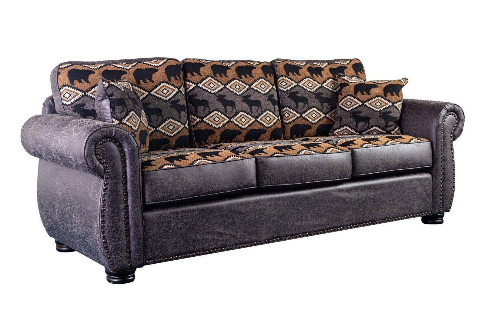 Mixed Material Leather Sofa With Nailhead Trim