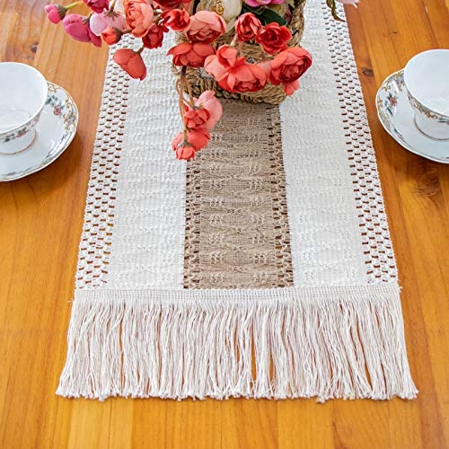 OurWarm Macrame Table Runner Farmhouse Style, Natural Burlap Table Runner Cotton Lace Boho Table Runner with Tassels for Bohemian Rustic Wedding Bridal Shower Home Dining Table Decor, 12 x 108 Inch