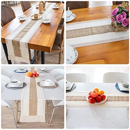 OurWarm Macrame Table Runner Farmhouse Style, Natural Burlap Table Runner Cotton Lace Boho Table Runner with Tassels for Bohemian Rustic Wedding Bridal Shower Home Dining Table Decor, 12 x 108 Inch