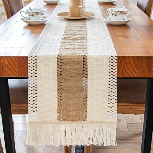 Farmhouse Decorations Buffalo Checkered Burlap Dining Table Runners for Family Dinner 15 x 72 inch Rustic Woven Table Runner with Handmade Fringe Beige 