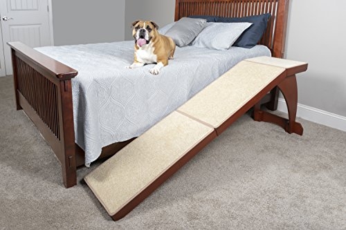 PetSafe CozyUp Bed Ramp for Dogs and Cats - Durable Frame Supports up to 120lb - Furniture Grade Wood Pet Ramp with Cherry Finish - High-Traction Carpet Surface, Great for Older Animals