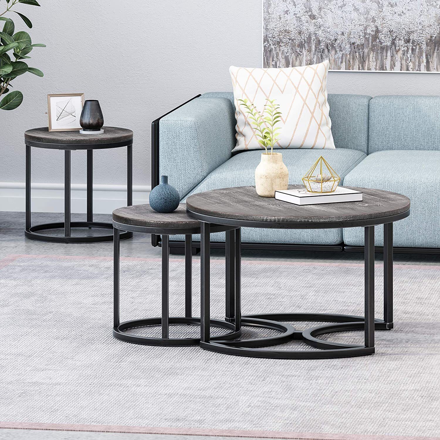 Pewter, Gray Round Table With Two Stools 