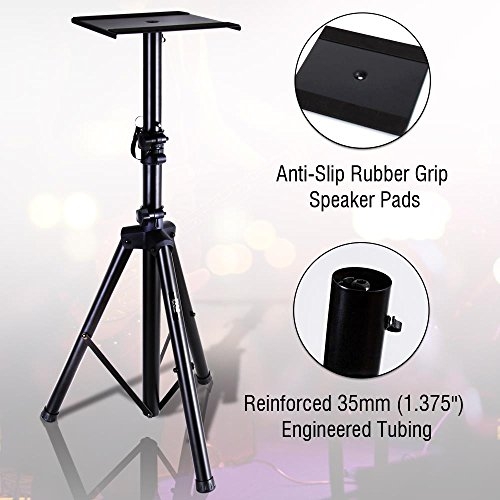 Pyle Dual Studio Monitor 2 Speaker Stand Mount Kit - Heavy Duty Tripod Pair and Adjustable Height from 34.0” to 53.0” w/ Metal Platform Base - Easy Mobility Safety PIN for Structural Stability PSTND32