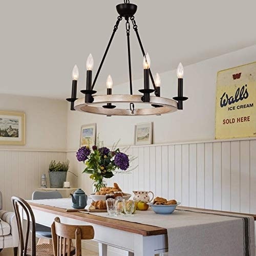 Q&S Farmhouse Chandellier,Wagon Wheel Chandelier,Rustic Vintage Round Chandelier Light Fixtures for Dining Room Kitchen Island Foyer Entryway