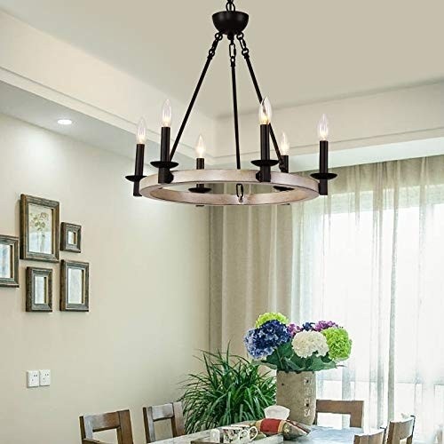Q&S Farmhouse Chandellier,Wagon Wheel Chandelier,Rustic Vintage Round Chandelier Light Fixtures for Dining Room Kitchen Island Foyer Entryway