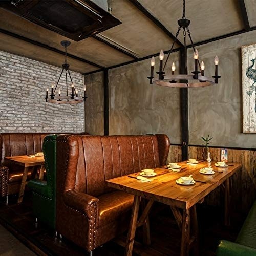 Q&S Farmhouse Chandellier,Wagon Wheel Chandelier,Rustic Vintage Round Chandelier Light Fixtures for Dining Room Kitchen Island Foyer Entryway