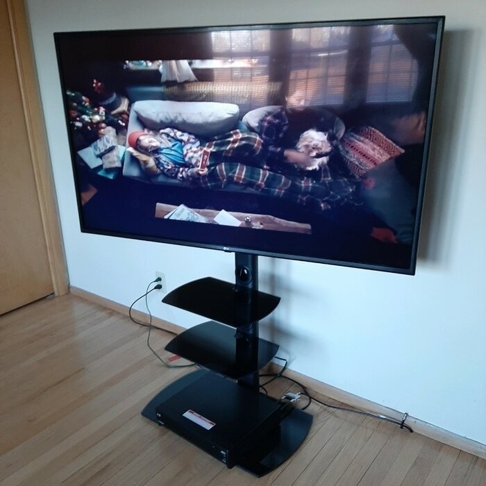 Randal Symple Stuff Black Swivel Floor Stand Mount for Screens with Shelving, Holds up to 110 Lb. lbs