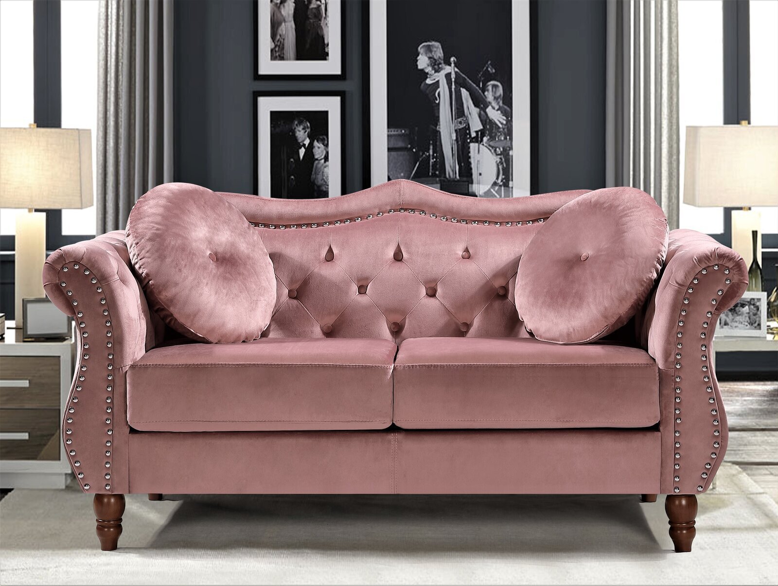 Regal, Dusky Pink Sofa With Studs And Cushions 