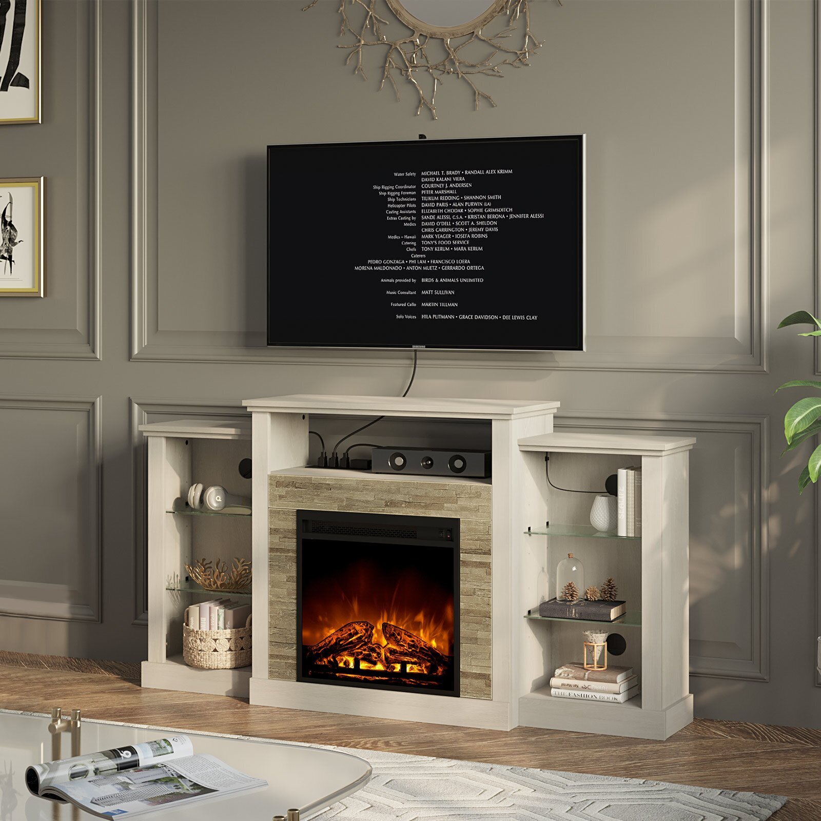 Room Centerpiece TV Floor Stand with Fireplace 