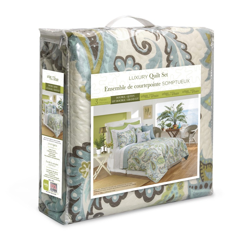 Rouncey Green/Blue/Cream Microfiber Traditional 3 Piece Quilt Set