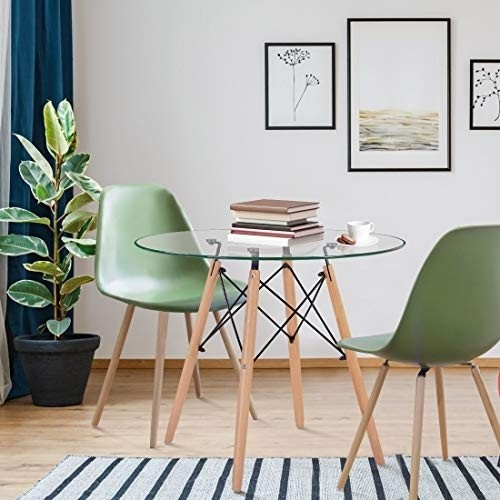 Round Glass Dining Table Small Kitchen Table Modern Circle Dining Room Table 31.5" with Wood Legs for Dinner Small Spaces