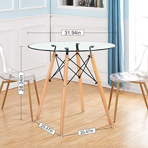 Round Glass Dining Table Small Kitchen Table Modern Circle Dining Room Table 31.5" with Wood Legs for Dinner Small Spaces