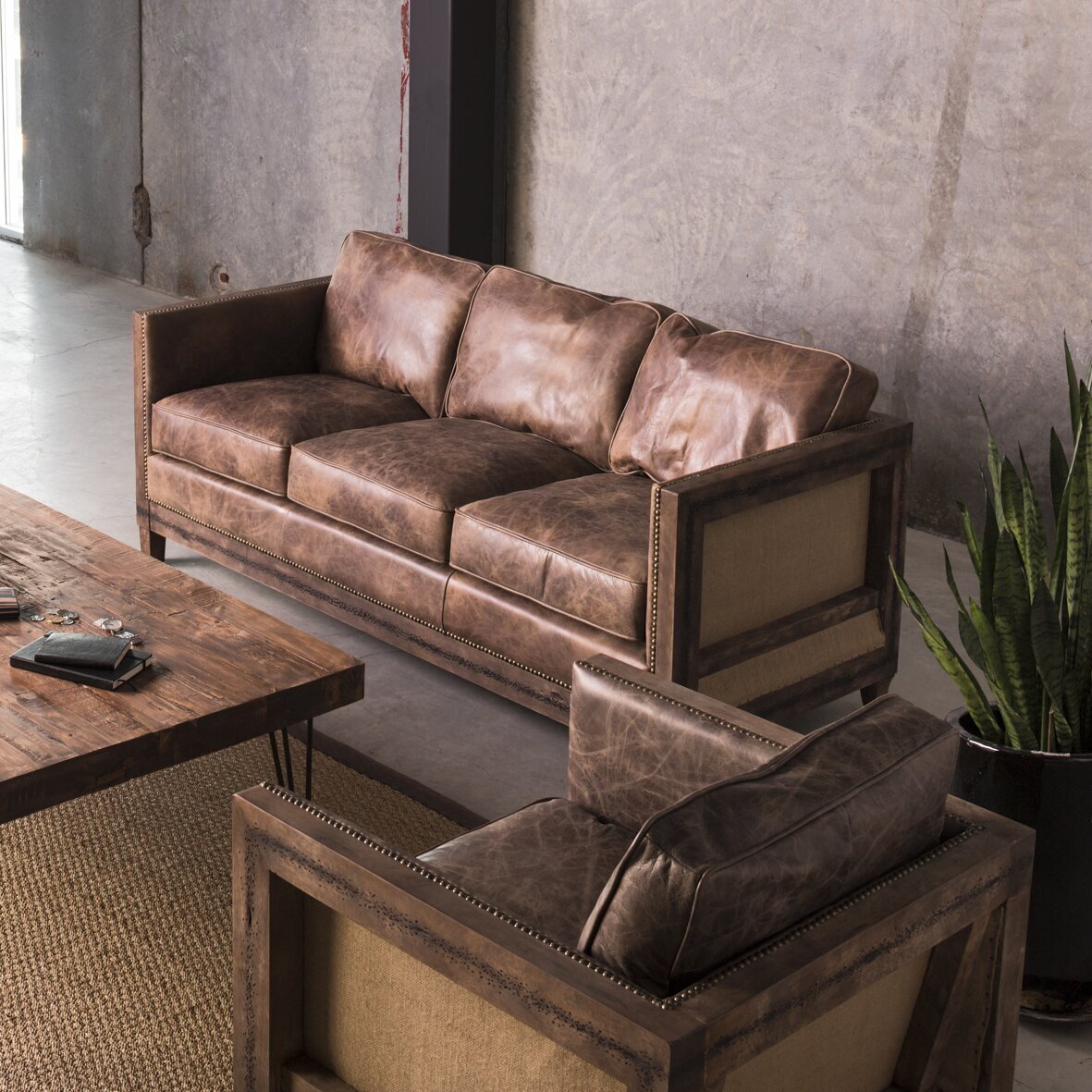 Rustic Leather Sofa With Nailheads and Wood Frame