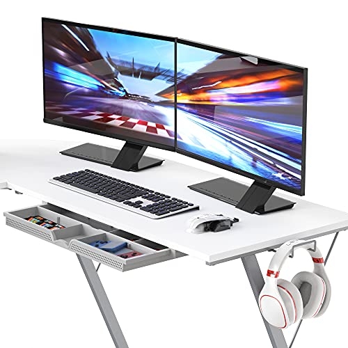 SHW Vista L-Shape Desk with Monitor Stand, White
