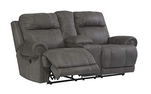 Signature Design by Ashley - Austere Contemporary Upholstered Double Reclining Power Loveseat with Nailhead Trim, Gray