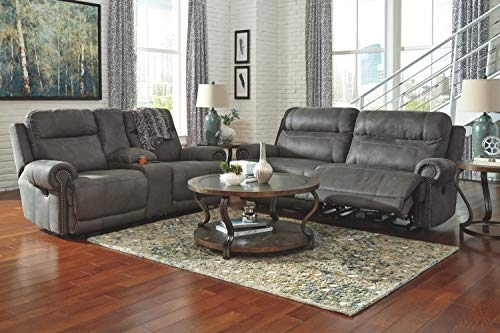 Signature Design by Ashley - Austere Contemporary Upholstered Double Reclining Power Loveseat with Nailhead Trim, Gray