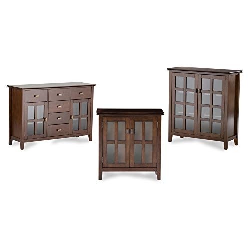 SIMPLIHOME Artisan SOLID WOOD 30 inch Wide Contemporary Low Storage Cabinet in Russet Brown, with 2 Tempered Glass Doors, 2 Adjustable Shelves