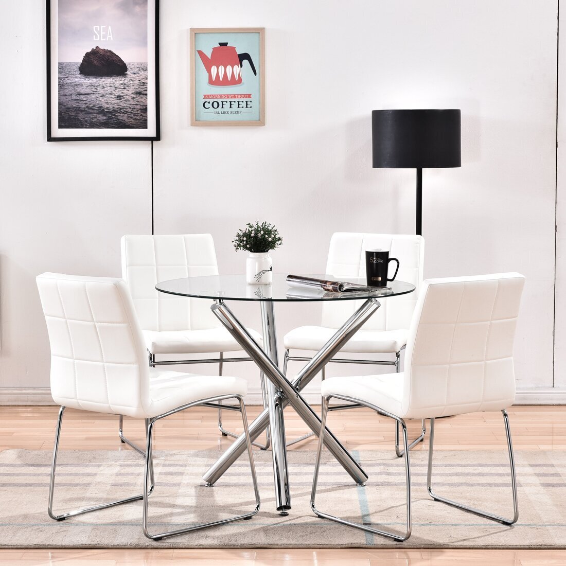 Small Glass Table With Modern White Leather Chairs 