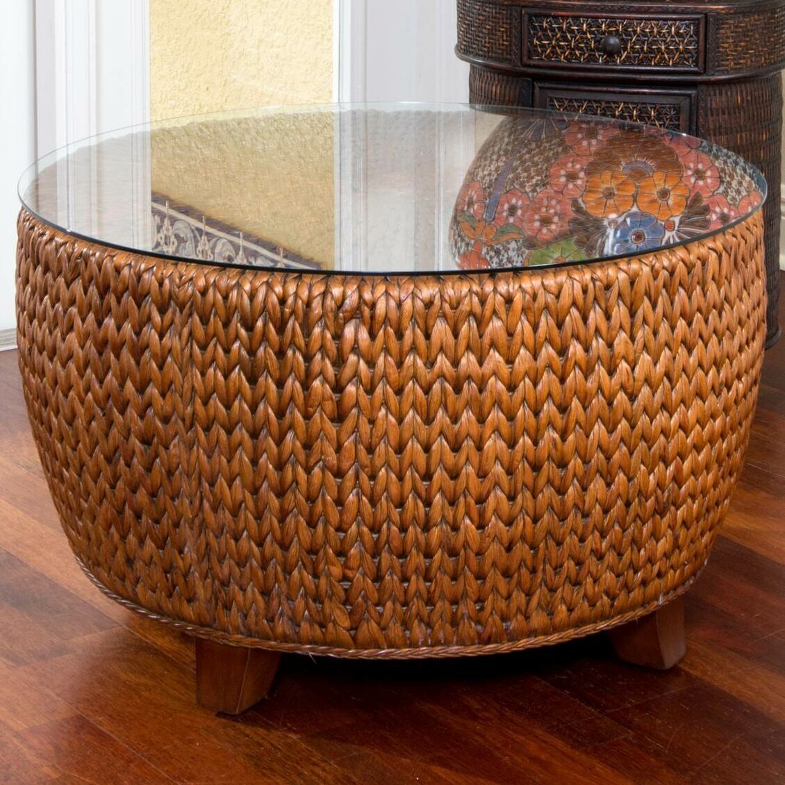 Small Round Wicker Coffee Table with Glass Top