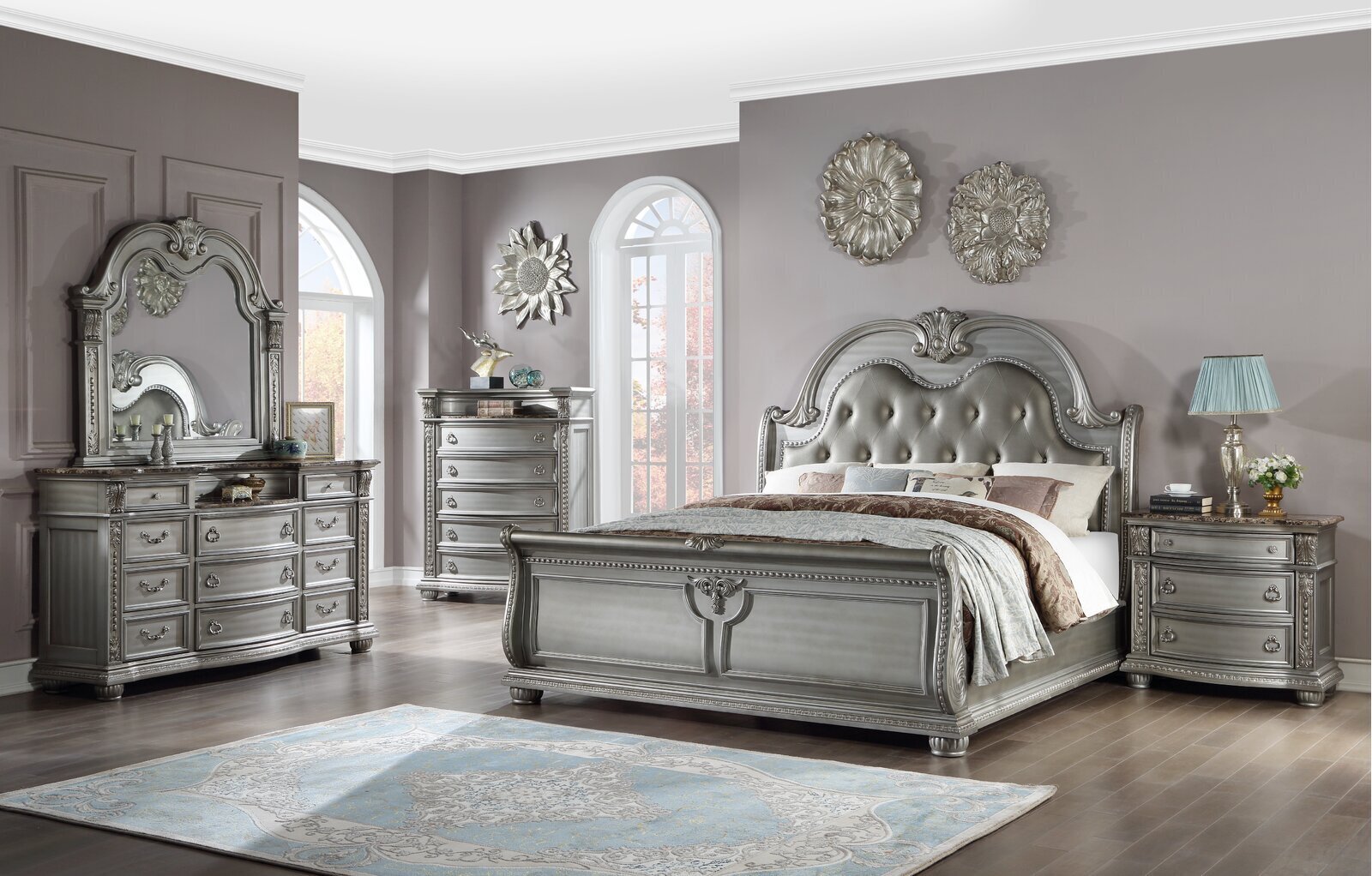Solid Wood and Faux Leather Victorian Bedroom Suite