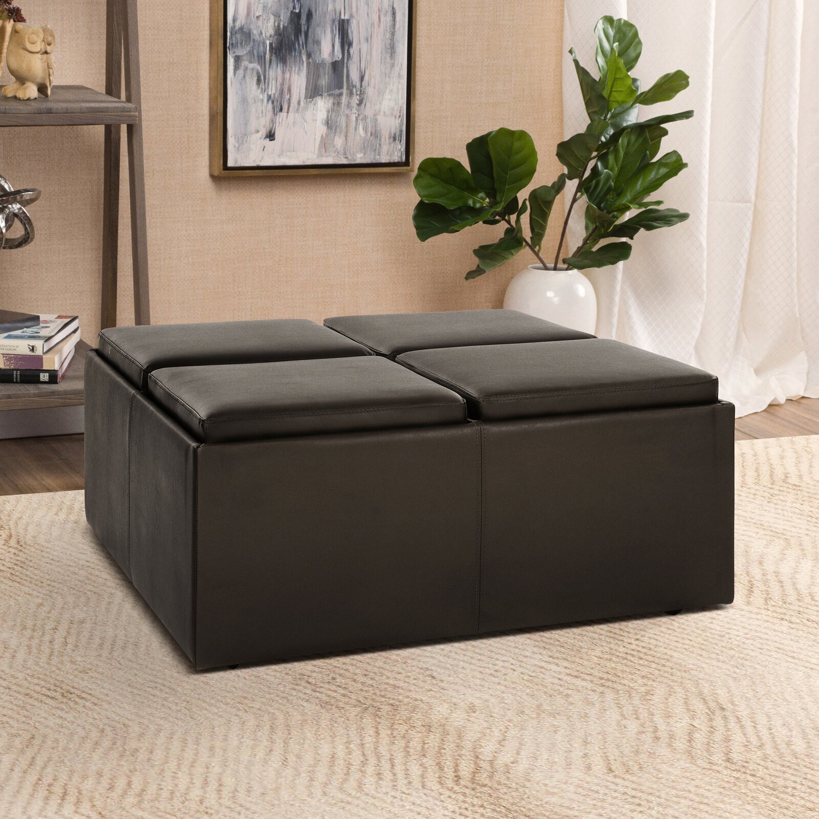 Square Mixed Material Ottoman with Four Trays