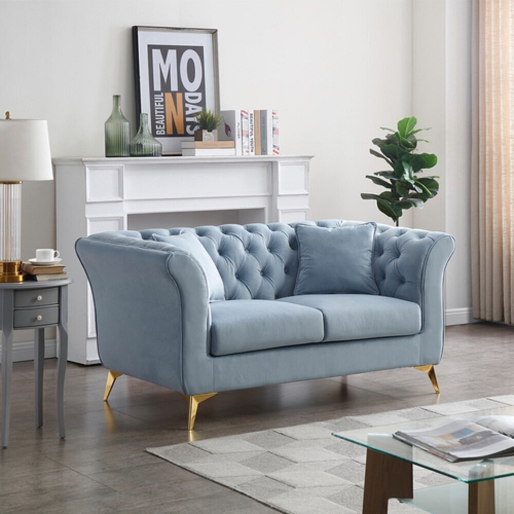 Stain Resistant Pastel Blue Sofa With Gold Accents 