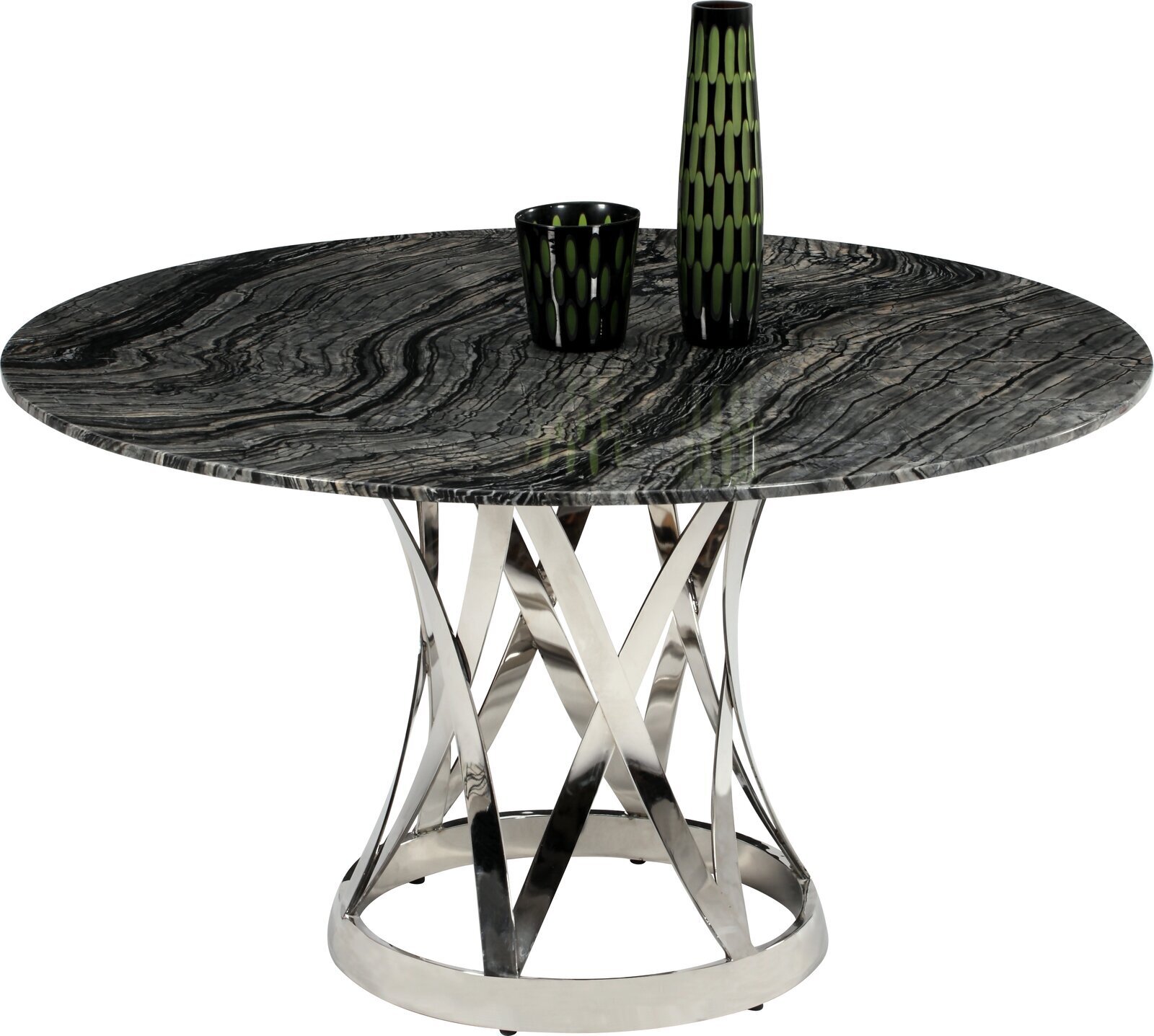 Striking black marble top dining table with chrome base