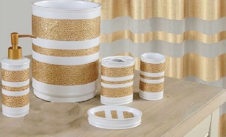 Striped White and Gold Bathroom Accessories 