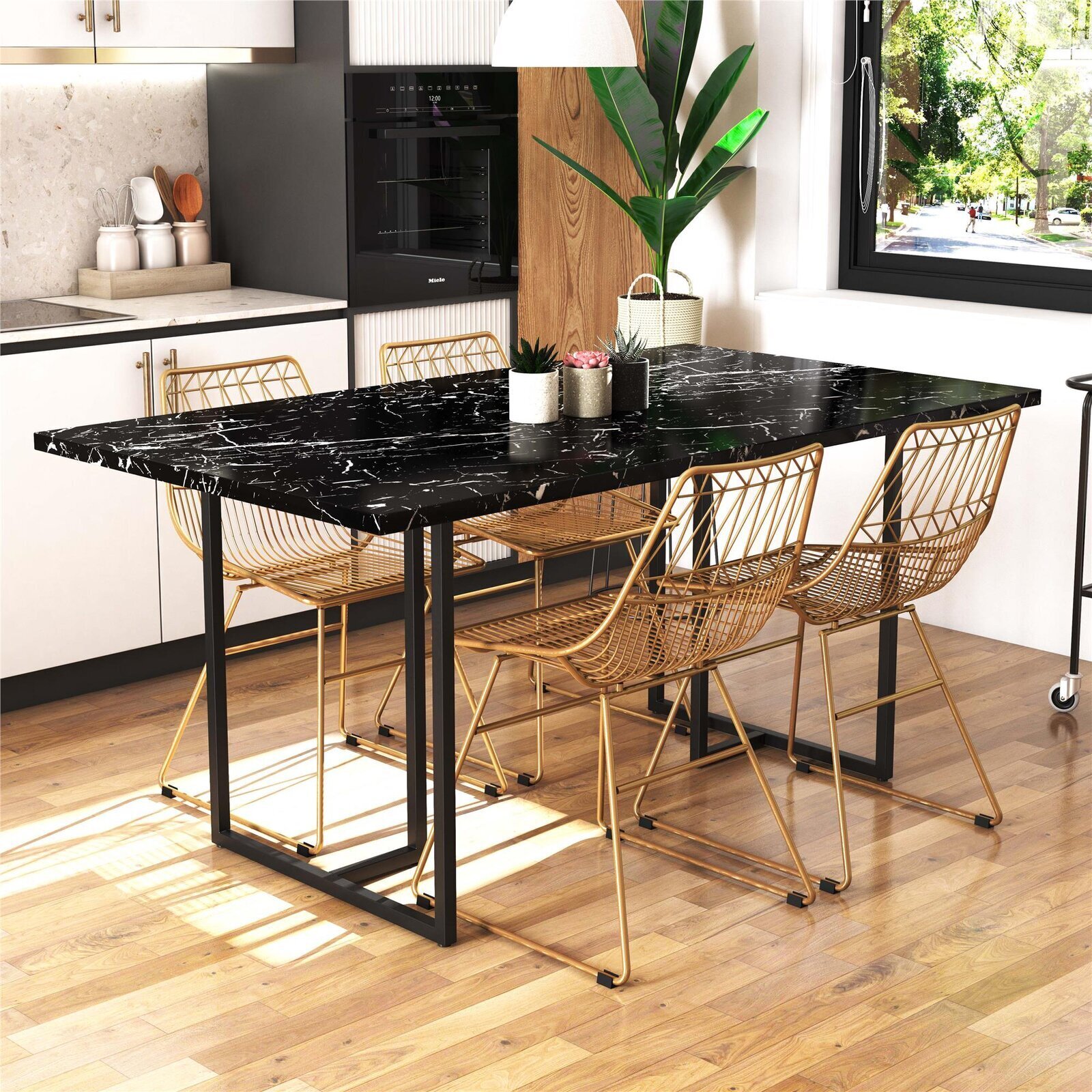 Stylish trestle dining table with faux marble top in black