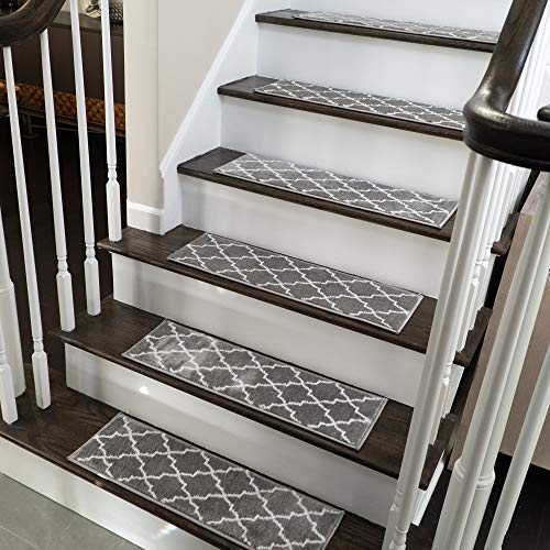 SUSSEXHOME Stair Treads - 100% Polypropylene Carpet Strips for Indoor Stairs - Easy to Install Runner Rugs W/ Double Adhesive Tape - Safe, Extra-Grip, Decorative Mats - 13-Pack - Gray