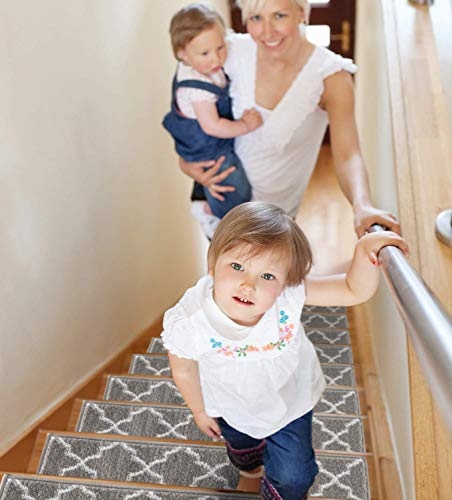 SUSSEXHOME Stair Treads - 100% Polypropylene Carpet Strips for Indoor Stairs - Easy to Install Runner Rugs W/ Double Adhesive Tape - Safe, Extra-Grip, Decorative Mats - 13-Pack - Gray