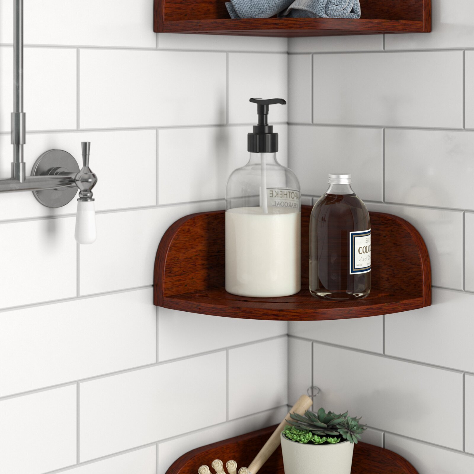 Teak corner shower shelf with suction cups