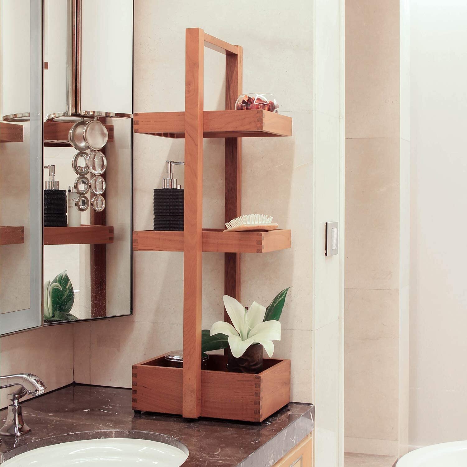 Teak shower shelves with raised edges