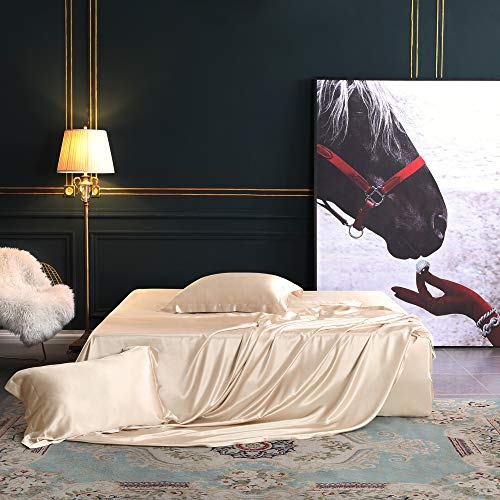 THXSILK 4pcs Silk Bed Sheets Set, 100% Long Stranded 25 Momme Mulberry Silk Bedding Set, Sheets and Pillowcase Set, Extremely Soft and Luxurious (Champagne, King)