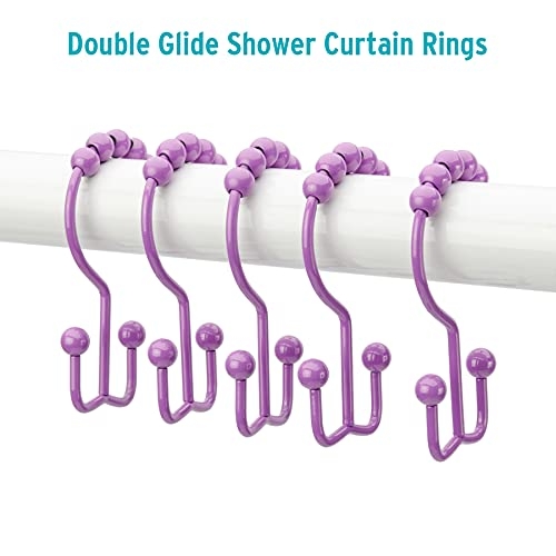 Titanker Shower Curtain Hooks Rings, Durable Metal Double Glide Shower Hooks for Bathroom Shower Rods Curtains, Set of 12 Hooks - Purple