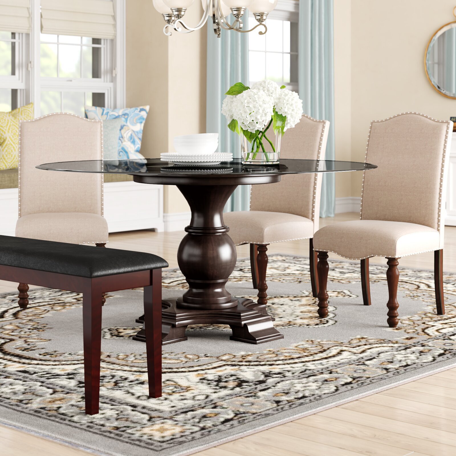Traditional pedestal dining table with glass top
