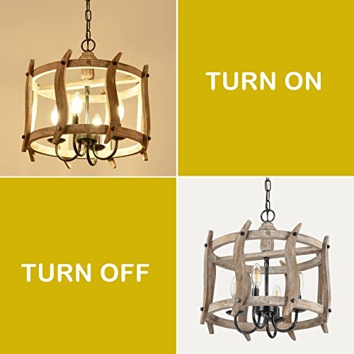 Trongee Farmhouse Chandelier, 4 Light Candle Holder Pendant Light, Rustic Wood Drum Chandelier Handmade Finish Ceiling Light Fixture for Kitchen, Living Room, Dining Room, Bedroom, Entryway