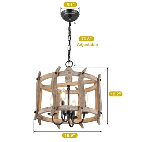 Trongee Farmhouse Chandelier, 4 Light Candle Holder Pendant Light, Rustic Wood Drum Chandelier Handmade Finish Ceiling Light Fixture for Kitchen, Living Room, Dining Room, Bedroom, Entryway