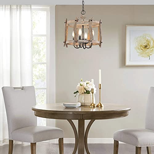 Trongee Farmhouse Chandelier, 4 Light Candle Holder Pendant Light, Rustic Wood Drum Chandelier Handmade Finish Ceiling Light Fixture for Kitchen, Living Room, Dining Room, Bedroom, Entryway